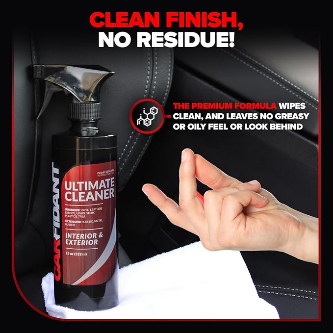 Carfidant Car Interior Cleaner – Stain Remover & Odor Eliminator – No Residue Finish – Safe on Leather, Fabric, Carpet & Plastic – Detailing Spray with Microfiber Towel – 18oz