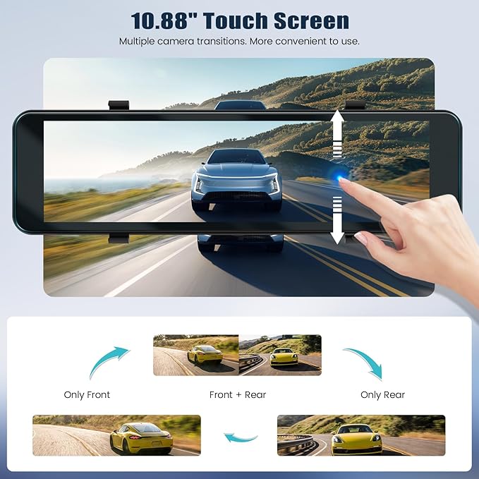 4K Mirror Dash Cam 10.88 Inch Rear View Mirror Front and Rear View Dual Cameras,GPS Tracking,Loop Recording,G-Sensor,Parking Assistance,APP Control,Parking Monitor,Waterproof Backup Camera