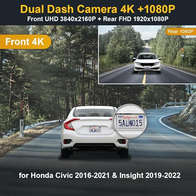 Fitcamx Front 4K+Rear 1080P Dash Cam Adapts for Honda Civic 2016-2021 (Has 8 Vents, HD2-0323) & Insight 2019-2022, OEM Look, Dual HD Video, Built-in WiFi & APP, Loop Recording, G-Sensor, 128GB Card