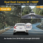 Fitcamx Front 4K+Rear 1080P Dash Cam Adapts for Honda Civic 2016-2021 (Has 8 Vents, HD2-0323) & Insight 2019-2022, OEM Look, Dual HD Video, Built-in WiFi & APP, Loop Recording, G-Sensor, 128GB Card