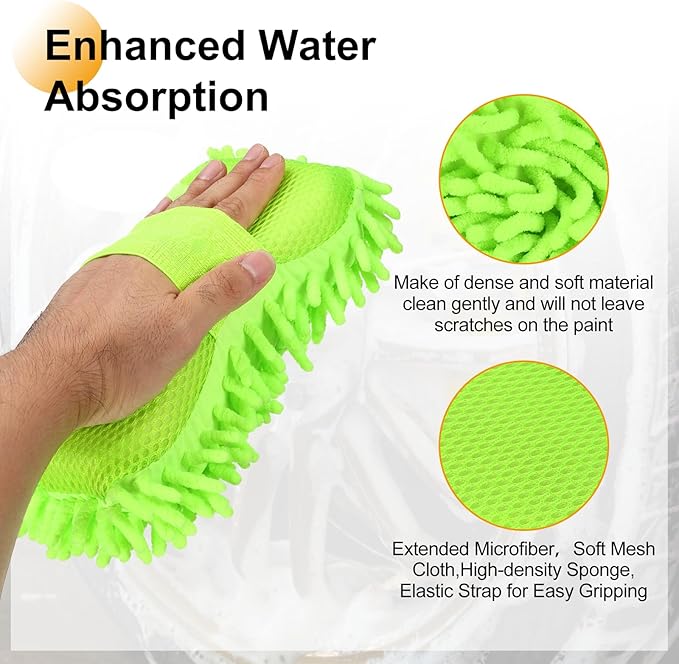 HARFINGTON 2pcs Car Wash Sponge 8.7" x 4.3" Chenille Microfiber Mitt Scratch-Free Absorbent Scour Scrubber Cleaning Sponge for Washing Detailing on Cars, Trucks, SUV, Boat, Fluorescent Green