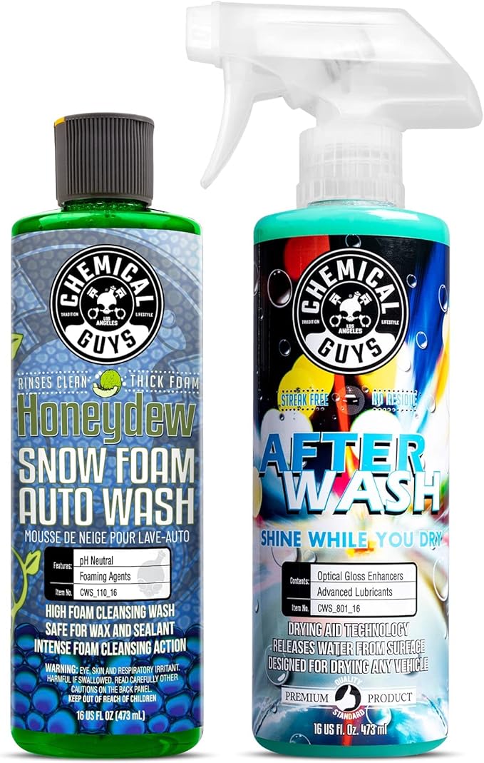 Chemical Guys CWS_110_16A Car Wash, Dry & Shine Bundle - Honeydew Snow Foam Car Wash Soap, 16 oz + After Wash Gloss Boosting Drying Aid (16 oz) (2 Items) Works on Cars, Trucks, SUVs