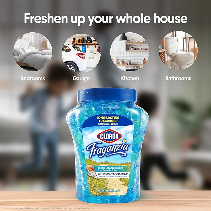 Clorox Fraganzia Crystal Beads Air Freshener, Long Lasting Room Deodorizer and Odor Eliminator Gel Beads to Freshen Home, Car, or Office, Fresh Ocean Breeze Scent, 12 Fl Oz - 12 Pack