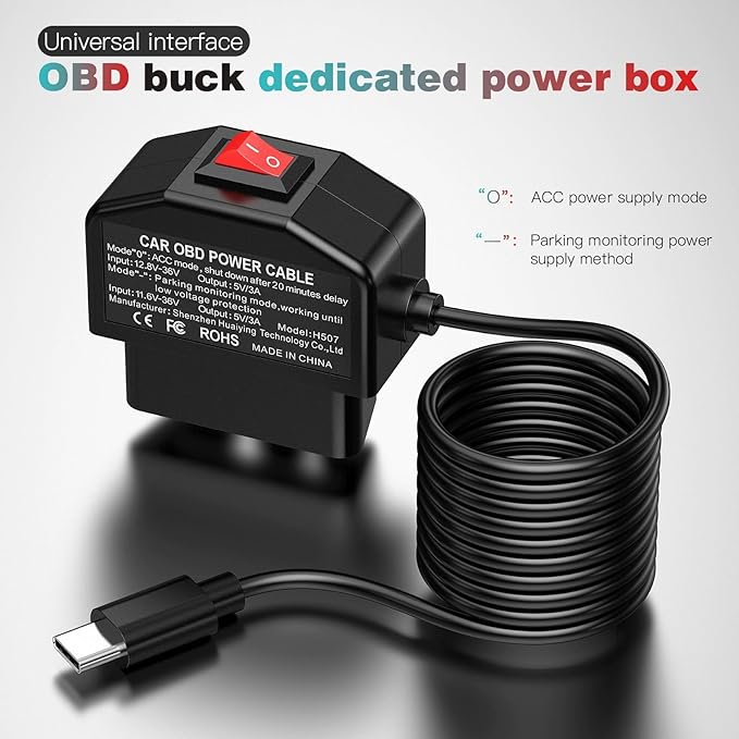 Dash Cam OBD Hardwire Kit, USB Type C Power Cable for Dash Camera 24 Hours Surveillance/Acc Mode for Dashcam Power Adapter with Low Voltage Protection 12-24V to 5V/3A