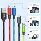 Dual Type-C 4 in 1 Multi Charging Cable [1Pack 5FT], Nylon 4 in 1 Charging Cable, Multi Chargers for All Devices with IP/Type C/Micro Port, Compatible with Most Cell Phones/Tablets and More