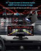 Portable Apple Carplay Screen, 10’’ Car Stereo Wireless Car Play & Android Auto Touch Screen, 4K Dash Cam, 1080P Backup Camera, Mirror Link/Voice Control/Music Play/GPS Navigation