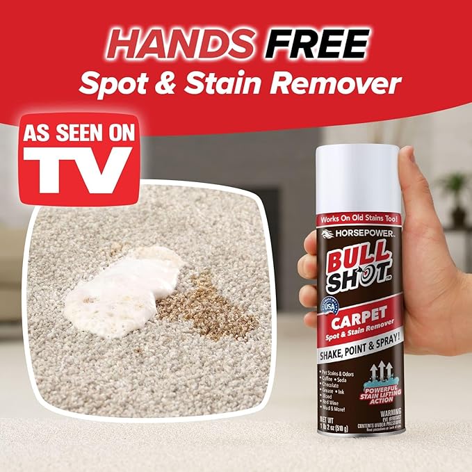 Horsepower Bull Shot Carpet Spot & Stain Remover, AS SEEN ON TV, Made In USA, Just Point & Spray, Stain-Lifting Foam-Action, Coffee, Soda, Wine, Grease, New & Old Stains & More