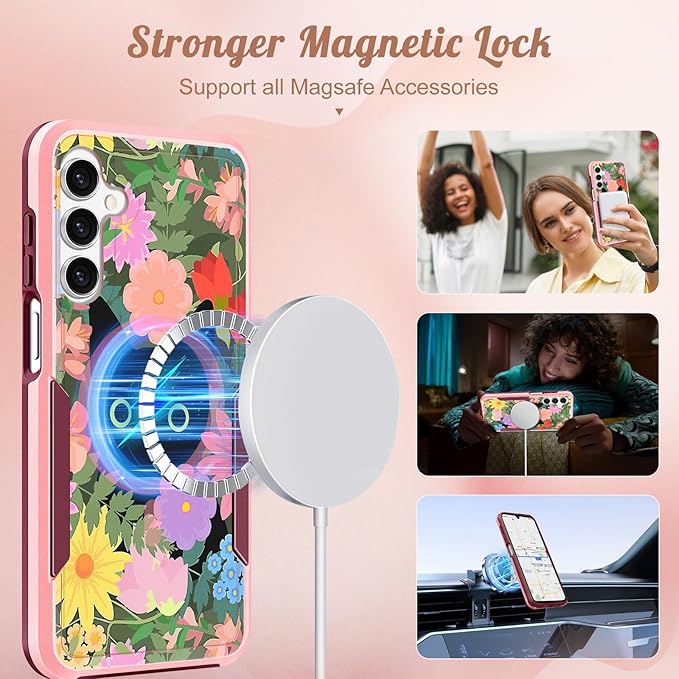 for Samsung Galaxy A14 5G Phone Case - Compatible with MagSafe Women Girls Cute Magnetic Protective Cover Girly Cat Flower Floral Heavy Duty Shockproof Design for Samsung Galaxy A14 5G Cases