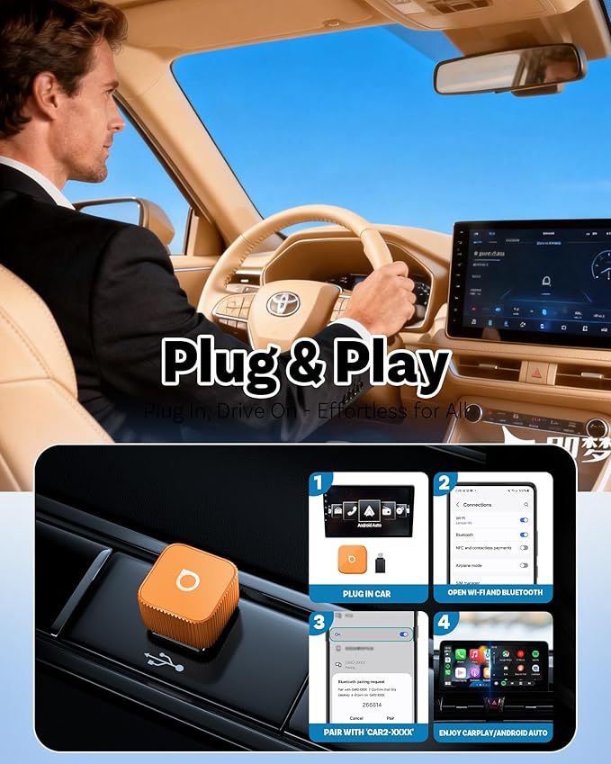 OTTOCAST 2026 New Mini Slim [USB C], 2-in-1 Wireless CarPlay Adapter & Android Auto Adapter, Plug & Play, 5s Auto-Connect Wireless Carplay Dongle for Factory Wired Cars, iPhone & Android Orange