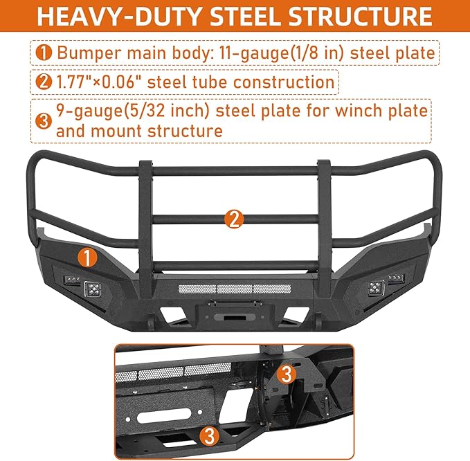 Hooke Road 16-18 Sierra Front Bumper Grille Brush Guard Push Bull Bar for 2016-2018 GMC Sierra 1500, Off-road Heavy Duty Steel Bumper with Winch Plate, D-ring Mounts & LED Lights