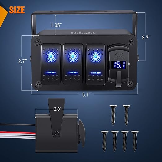 Nilight 3 Gang Rocker Switch Panel Blue Backlit with PD Type C and USB Charger Voltmeter Waterproof 12V 24V DC Rocker Switch with Night Glow Stickers for Car Trucks Boats RVs,2 Years Warranty,Blue/Box