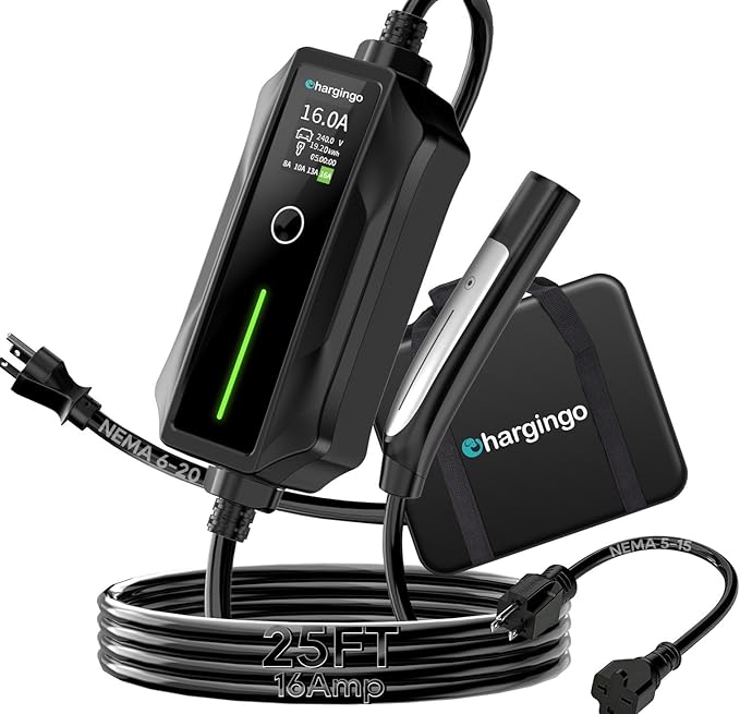 Level 1/2 Portable EV Charger for Tesla Model Y/3/S/X, Home 240V 16A (NEMA 6-20) & 120V 12A(NEMA 5-15 Adapter), Adjustable 8-16A, NACS, 25ft Cable, ETL Certified, LCD Display, Travel Bag