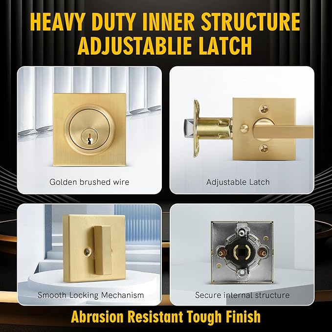 Gold Heavy Duty Privacy Lever Door Handle and Single Cylinder Deadbolt Lock and Key Combo Pack - Locking Lever Set for Left or Right-Handed Doors - Exterior Door Levers - Satin Brass,2pack