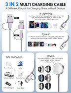 1Pack Multi Charging Cable Cord for Travel Essentials,Apple Watch Charger,iPhone Charger,[3-in-2] Type C/Lightning Cable Portable Designed for iWatch,iPhone 17-8,Galaxy S25-21,AirPods,iPad-1.5M Gray