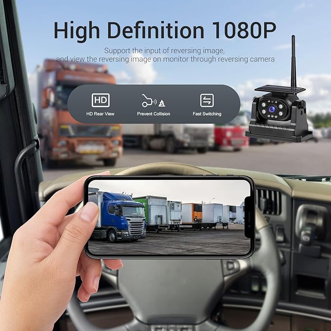 WiFi Magnetic Solar Wireless Backup Camera for Trucks/RV/Trailer, 1080P Rechargeable Rear View Camera Hikity, IP68 Waterproof Reverse Cam, Nigh Version/Type-C Charge/Easy Install, Support iOS&Android