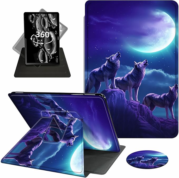 for Kindle Paperwhite Case,6.8" Kindle Paperwhite 11th Generation Case and Kindle Paperwhite Signature Edition,360 Degree Rotating Stand Leather Cover with Auto Wake/Sleep,Moon Blue Wolf