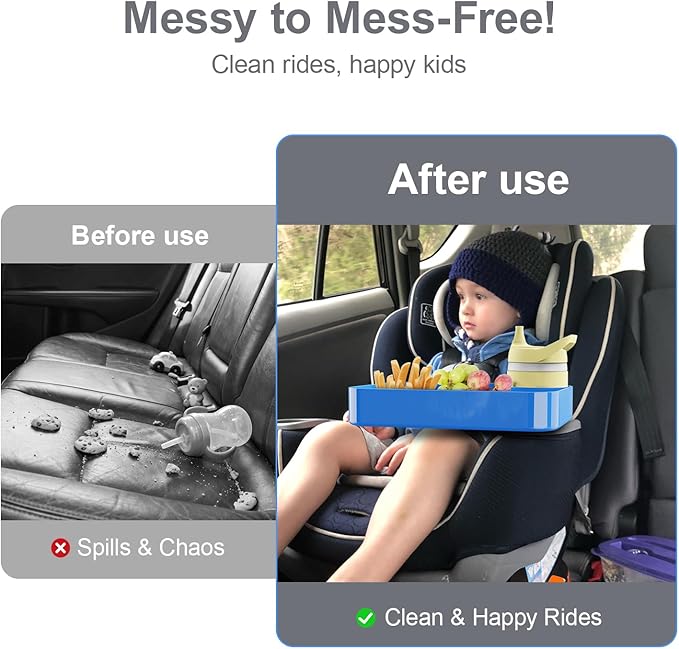 Car Seat Snack Tray for Toddlers - 3 Inch Cup Holder Fits Most Sippy Cups & Straw Bottles with Dip Well, Mess-Free Square Kids Travel Tray Road Trip Essentials, Blue