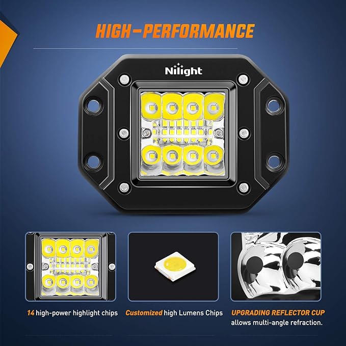 Nilight 2PCS 42W Flush Mount LED Light Pods Spot Flood Combo Backup Reverse Driving Headlamp Mount on Bumper Grille for 4x4 Offroad Truck SUV