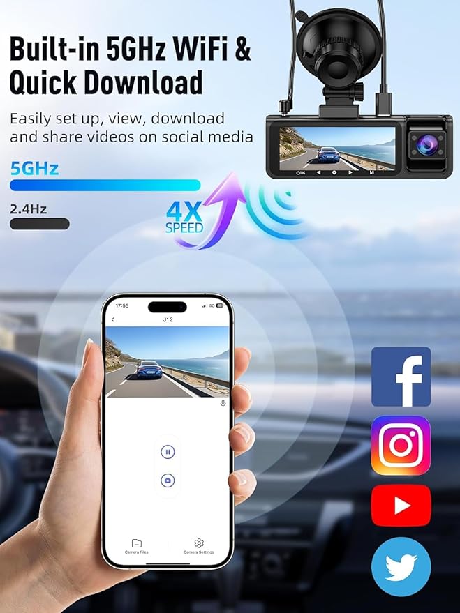 3 Channel 5G WiFi Dash Cam, 4K+1080P+1080P Dash Cam Front and Rear with 64GB Card, Dash Camera for Car with HDR IR Night Vision, G-Sensor, 24/7 Parking Mode, WDR, Support 128GB Max - Silver