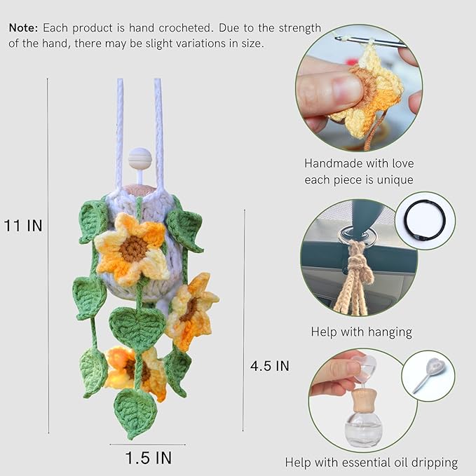 ROFIGL Handmade Crochet Hanging Car Air Freshener - Sunny Sunflower Design, 12ml Refillable Thick Glass Bottle, Car Diffuser for Rearview Mirror, Home & Office Cheerful Decor