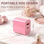 Aolcev for iPhone Charger Fast Charging 2 in 1 USB A USB C Charger Block 30W Cute Type C Fast Charging Blocks for iPhone 17 16 15 14 13 for iPad USB C Charging Adapter for Galaxy S26 S25 Light Pink