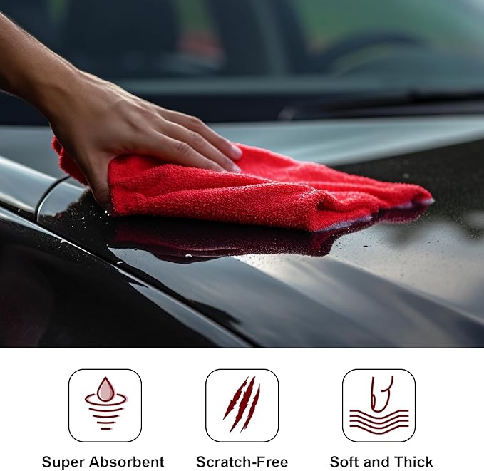 Shimeyao 30 Pcs Edgeless Microfiber Plush Towels for Cars Detailing Drying Wash Polishing Absorbent Cleaning Cloths, 500 GSM (16 x 16 Inch,Red)