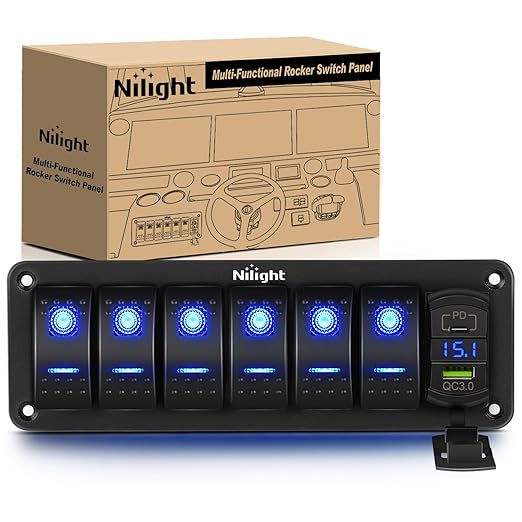 Nilight 6 Gang Rocker Switch Panel with PD Type C and USB Charger Voltmeter 12V SPST ON Off w/Blue Backlit Waterproof Aluminum Toggle Switches for Boats Cars RVs Trucks