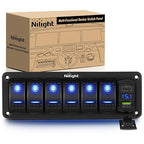 Nilight 6 Gang Rocker Switch Panel with PD Type C and USB Charger Voltmeter 12V SPST ON Off w/Blue Backlit Waterproof Aluminum Toggle Switches for Boats Cars RVs Trucks