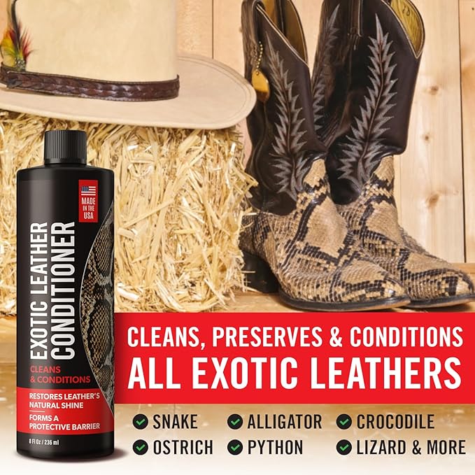 Exotic Leather Conditioner for Boots — 3-in-1 Cleaner, Conditioner & Protectant for Ostrich, Python, Lizard, Caiman & Snakeskin, Leather Boot Care Kit for Cowboy Boots, 8 fl oz Spray, Made in USA