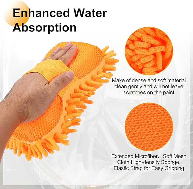 HARFINGTON Car Wash Sponge 8.7" x 4.3" Chenille Microfiber Mitt Scratch-Free Absorbent Scour Scrubber Cleaning Sponge for Washing Detailing on Cars, Trucks, SUV, Boats, RVs, Orange