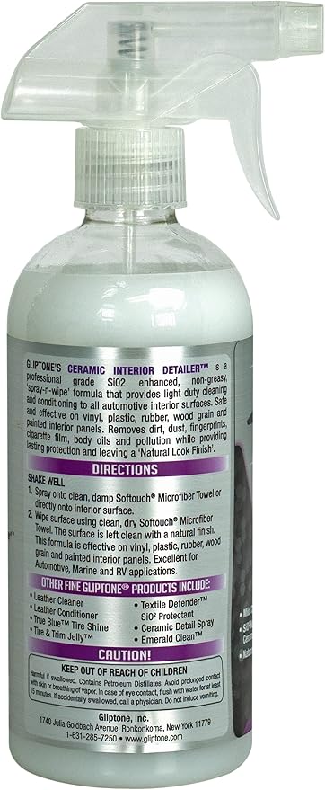 Gliptone Ceramic Interior Detailer 16 oz, Professional SiO2 Enhanced Cleaner and Protectant, Spray and Wipe Formula for Vinyl, Plastic, Rubber, Wood Grain, and Painted Panels