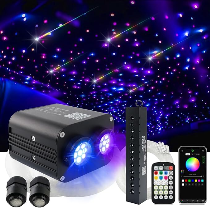 AMKI Dual Color 20W Twinkle Starlight Headliner Kit 1100pcs*0.03in 13.1ft Cables+ RGB Meteor Shooting Star Fiber Optic Light Sound Activated APP/Remote Control for Car Roof Home Ceiling