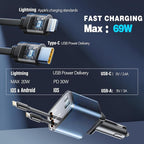Retractable Car Charger USB C, 4 in 1 Retractable Car Charger with Cables, PD 69W USB C Car Charger Adapter, Fast Cigarette Lighter Adapter Car Phone Charging for iPhone 15/14 Pro Max,Androids, Blue