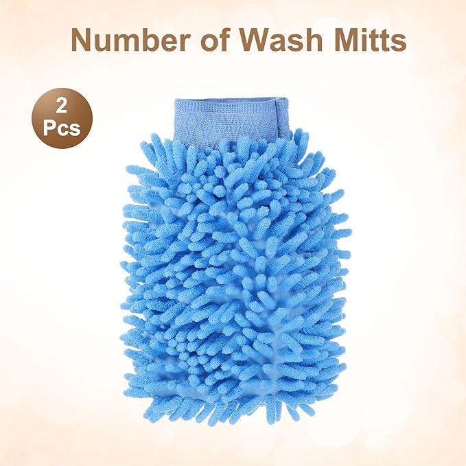 HARFINGTON 2pcs Premium Chenille Microfiber Car Wash Mitts 9.8" x 7.9" Scratch Free Wash Gloves Absorbent Double Sided Plush Cleaning Drying Mitts for Car Washing Home Light Blue
