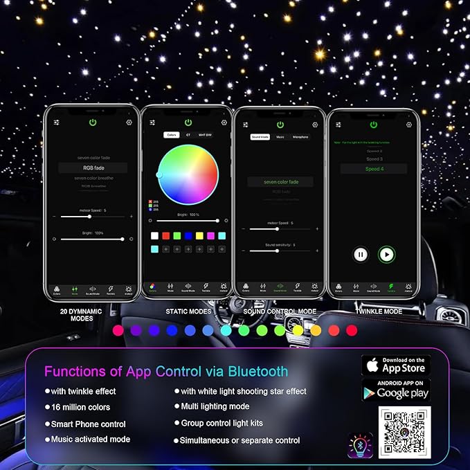 36W 4-Color RGBW Car Starlight Headliner Kit, 560pcs0.03in9.8ft, Twinkle & Sound Activate 4-Port Fiber Optic Light Engine with Bluetooth APP&Remote Control, Star Lights for Car and Home
