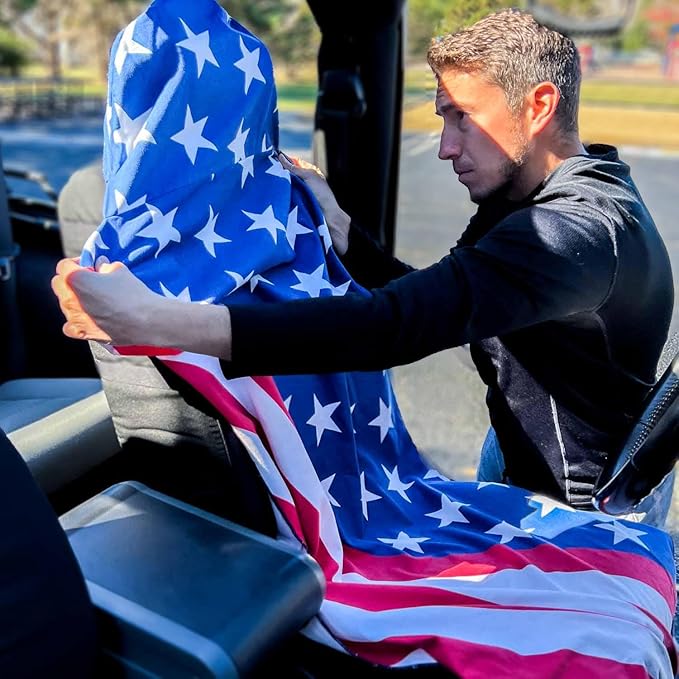Gone For a Run Car Seat Towel Cover – Hooded Moisture-Wicking Microfiber Seat Protector – 30" x 60" – for Runners and Outdoor Enthusiasts – Patriotic