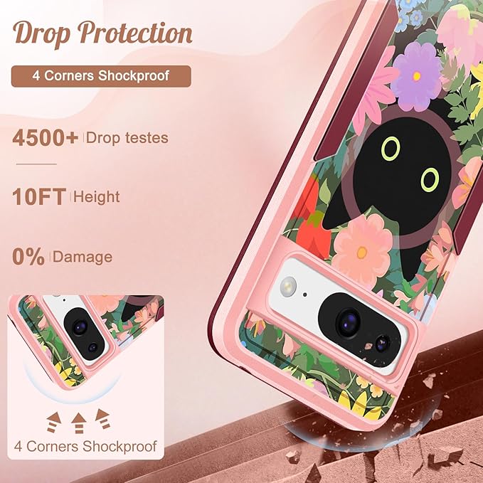 for Google Pixel 8 Case 6.2 Inch - Compatible with MagSafe Women Girls Cute Magnetic Protective Cover Girly Cat Flower Floral Heavy Duty Shockproof Design for Google Pixel 8 Phone Cases