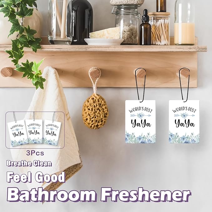 Yaya Grandma Gifts Car Air Freshener Accessories 3pcs, World's Best Gifts for Granmda Christmas, Blue Flower Rustic Hanging Scent Lavender Fragrance Card for Women Closet Bathroom Home Decor