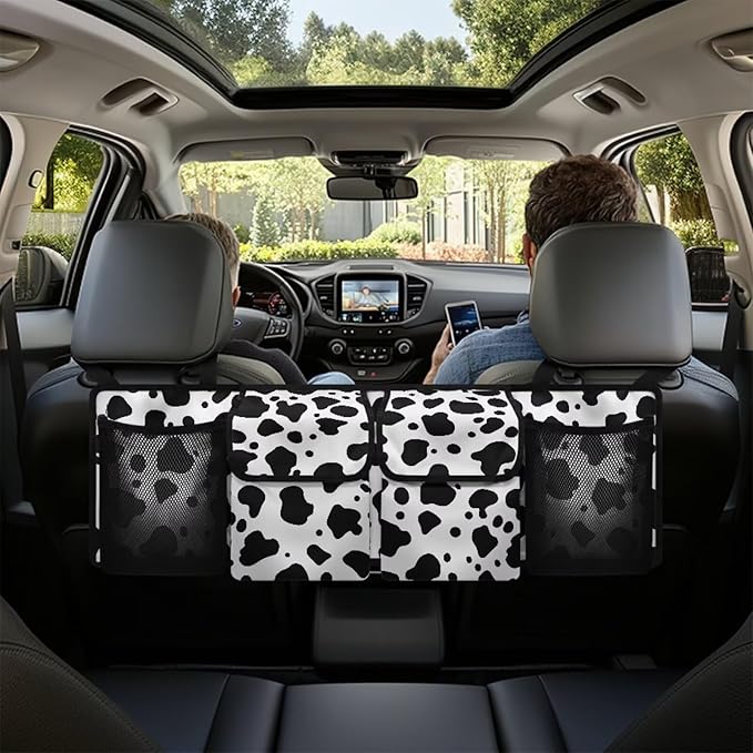 Black Cow Spots Auto Hanging Seat Back Storage Car Organizer Large Capacity Collapsible Cargo Bag,Sturdy Space Saving Expert