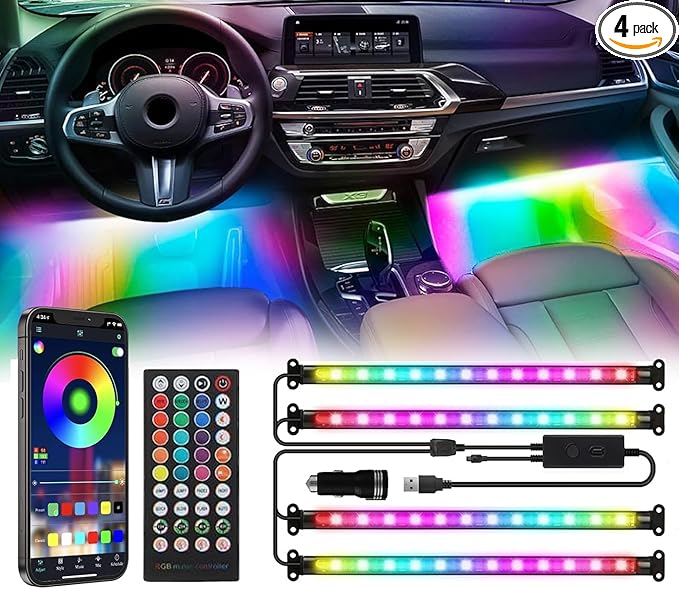 Car LED Lights Interior, Dream Color RGB-IC Interior Car Lights with App & Remote Control Music Sync Color Changing USB Under Dash LED Lights for Jeeps Trucks SUVs, DC 5V