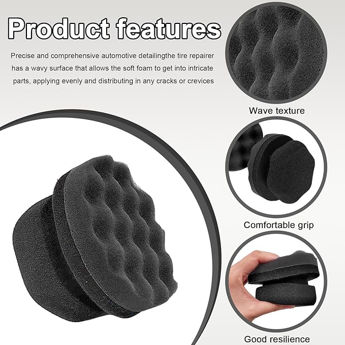 Wevdn 2PCS Tire Shine Applicator, Durable & Reusable Hex Grip Tire Dressing Sponge Foam Detailing Pad, Washable Round Shape Wheel Tire Shine Car Cleaning Sponge, Car Accessories (Black-Small)
