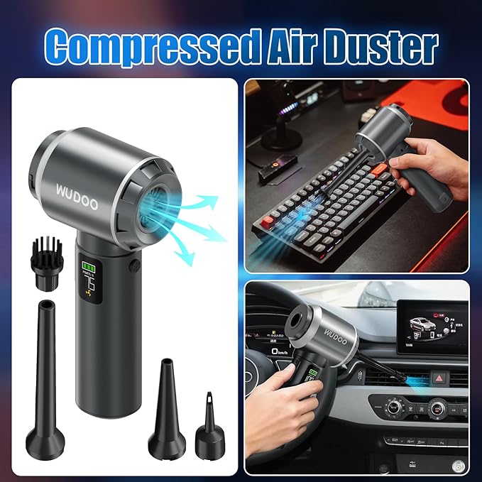 WUDOO 4-in-1 Car Vacuum Cleaner Portable Cordless Dust Remover 20,000 Pa Brushless Motor Powerful Handheld Wireless Charging Vacuum Cleaner LED Light, Multi-Nozzles for Car, Home, Office, Pet