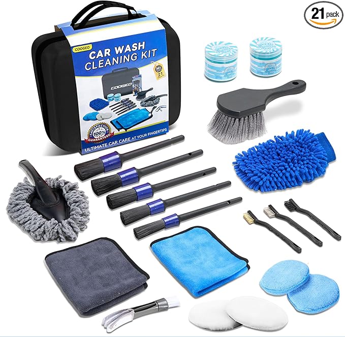 COOGEO 21Pcs Car Detailing Kit,Compelete Car Cleaning Kits Interior Cleaner with Detailing Brushes,Car Wash Kit with Cleaning Gel,Wash Mitt, Car Care Gift for Men