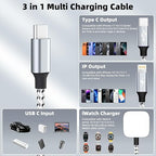 Travel Essentials 3in1 USB C Multi Charging Cable for iPhone Watch Charger,USB C to Type C/IP/iWatch Charger, Charging Cords for Multiple Devices Compatible with iWatch Series&iPhone 16-12 5FT