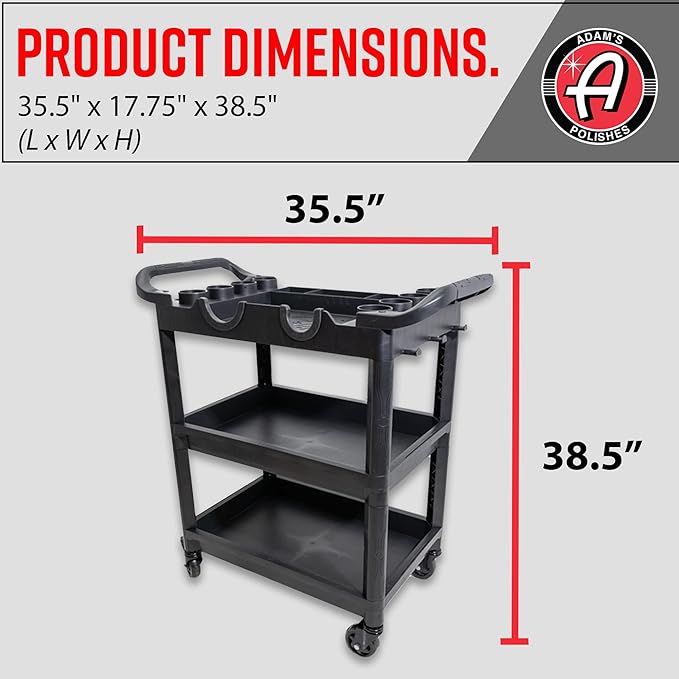 Adam's Polishes Premium Detail Cart - Car Detailing Cart 3-Tiered Shelves 250 Pound Per Shelf Capacity - Heavy Duty Casters Rolling Cart, Features Bottle Holders, Cutouts, & Pegs for Organization