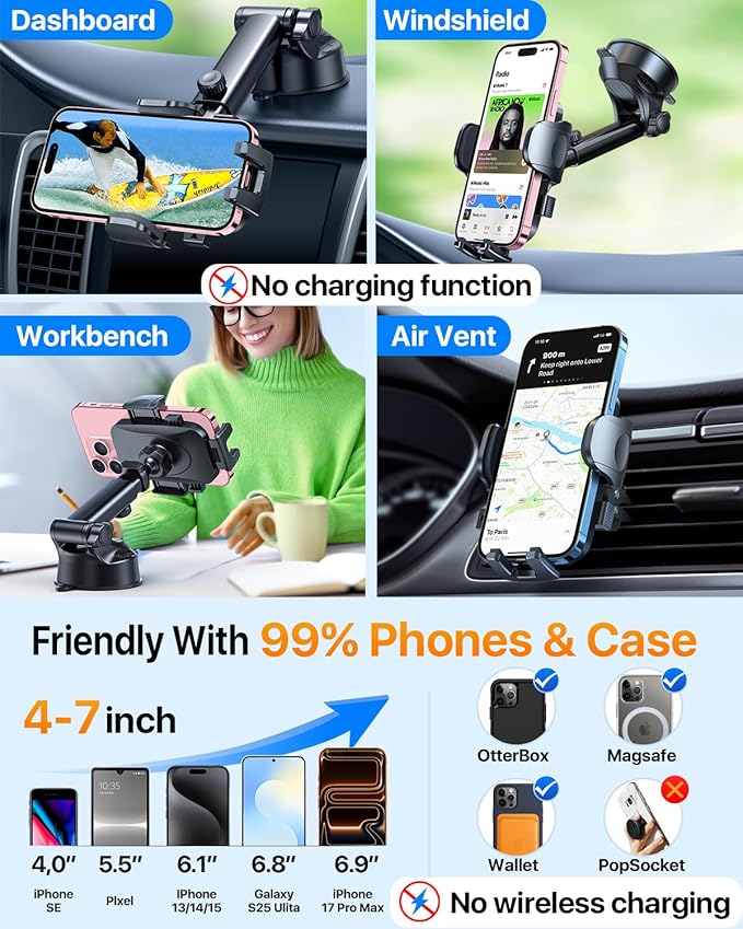 HTU 2026 Ultimate Best【True Military-Grade & Safety Cert】 Universal Cell Phone Holder Truck Car Mount for Dashboard Windshield Air Vent for iPhone 17 16 Pro Max 15 Samsung 2pcs,Black