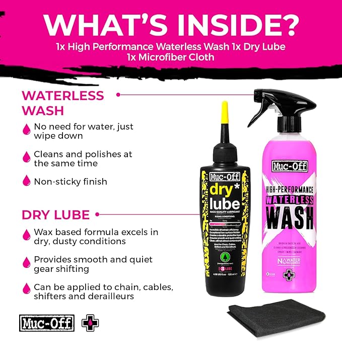 Muc-Off Waterless Wash & Dry Bike Chain Lube Bundle | 750ml High-Performance Bike Cleaner Spray + 120ml Wax-Based Chain Lube | No Rinse Bike Wash + Dry Weather Lubrication