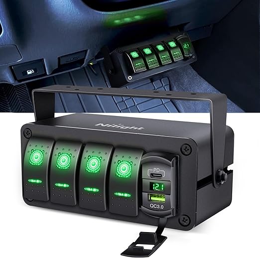 Nilight 4 Gang Rocker Switch Box 12V SPST ON Off Toggle Switches PD Type C and QC 3.0 USB Charger Voltmeter LED Light Waterproof Aluminum Mount Bracket Panel DIY Stickers for Boat Car RV Truck