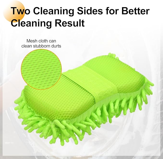 HARFINGTON Car Wash Sponge 8.7" x 4.3" Chenille Microfiber Mitt Scratch-Free Absorbent Scour Scrubber Cleaning Sponge for Washing Detailing on Cars, Trucks, SUV, Boats, Fluorescent Green