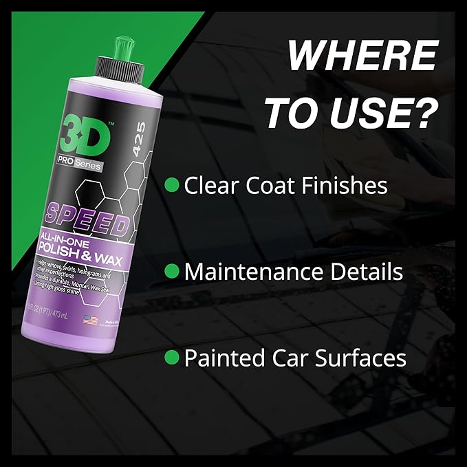 3D Speed All-In-One Polish & Wax – Scratch & Swirl Remover, Clear Coat Safe Paint Sealant – High Gloss Finish, Easy Application – 8oz – Made in USA